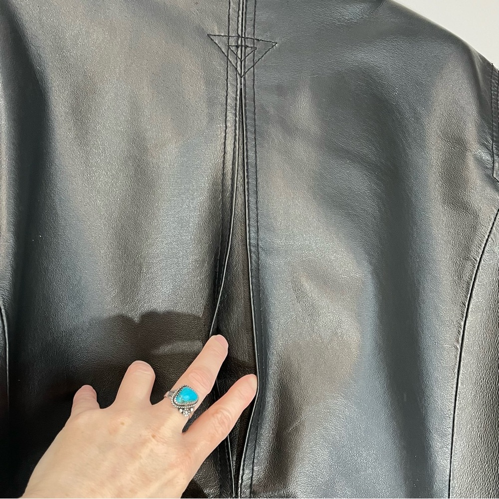 Vintage 90s Black Leather Jacket Large Minimalist Grunge Goth Biker Trench Coat - Picture 8 of 15
